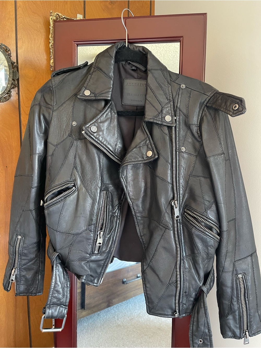 All Saints Black Patchwork Leather Biker Jacket